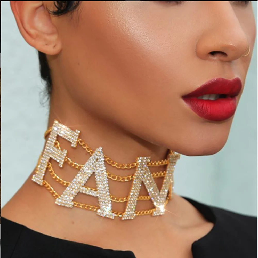 

Shiny Rhinestone Choker Necklace Letter for Women RICH LOVE BABY SEXY Big Choker Necklace Crystal Collar Statement Jewelry