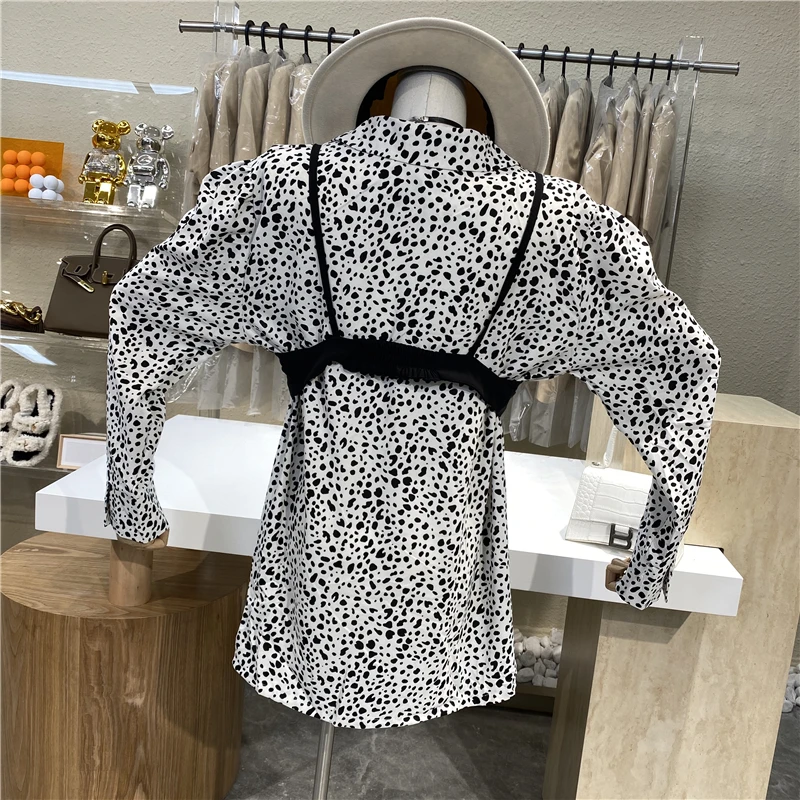 

Niche Design Skirt Of Long Shirt In Sleeve Of Temperament Leopard Grain Bubble Bubble + Sexy Condole Takes Two Suit