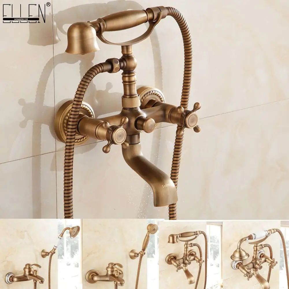 

Bathtub Faucet Antique Brass With Hand Shower Wall Mounted Bathroom Bath Mixer Dual Holder Crane Torneiras Taps EL8311