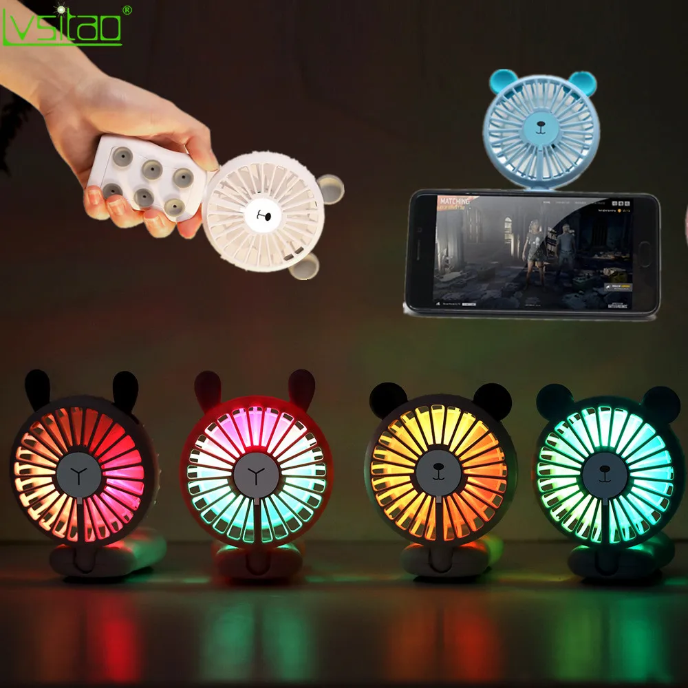 Portable mobile phone holder fan With Led Night Light foldable USB rechargeable mini led fan creative toys for baby speed adjust