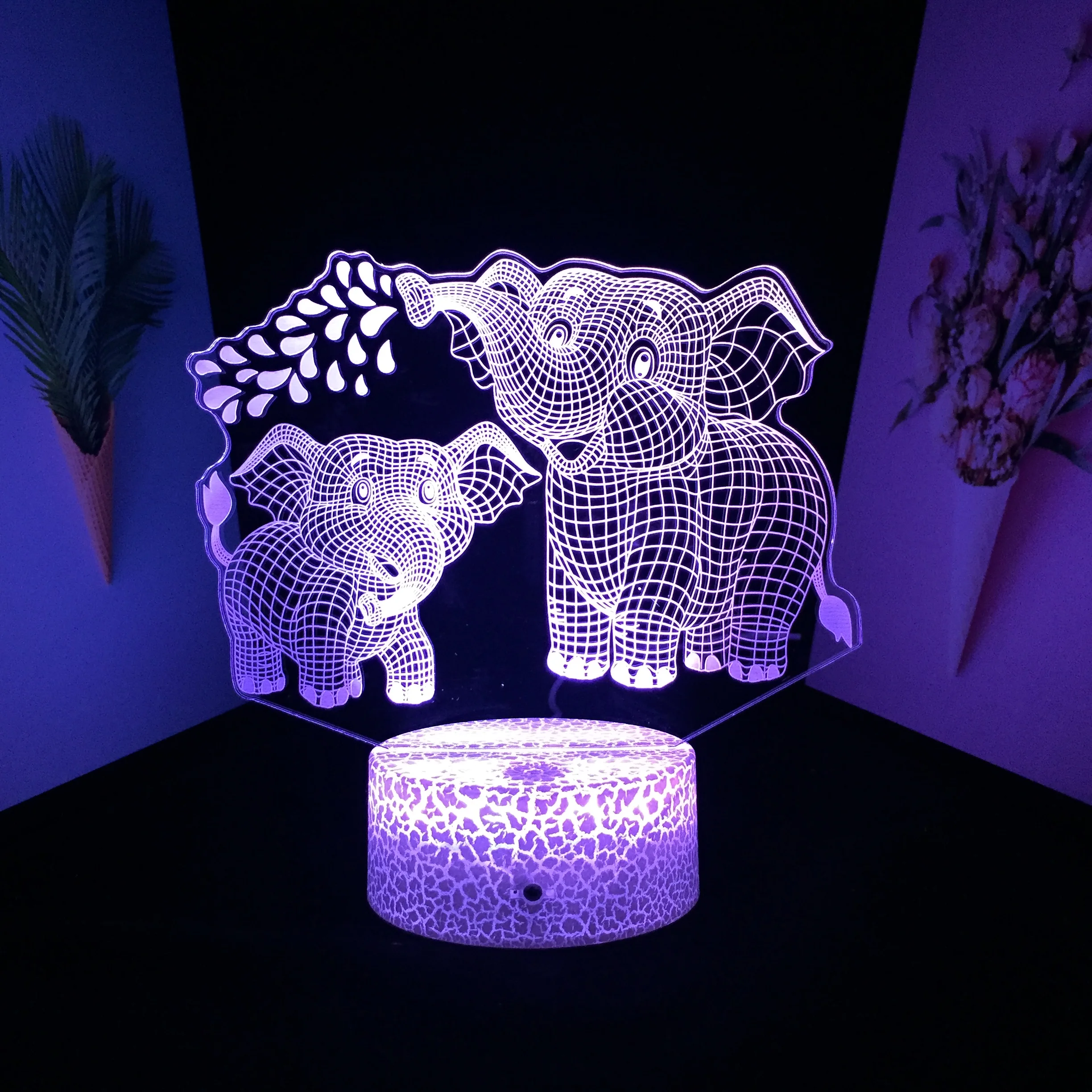 

Animal Series Elephant Playing With Baby Elephant Visual Illusion White Cracked Base for 7 Color Changes With Remote Control