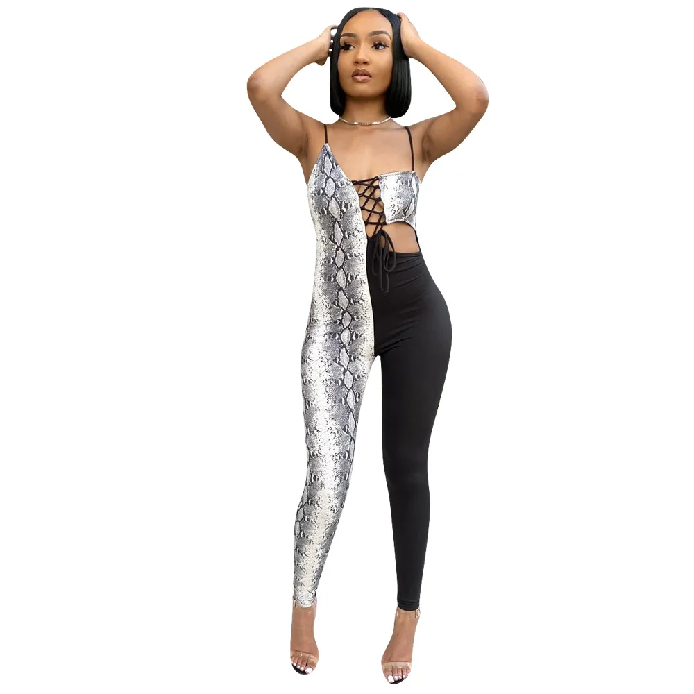 

Women's summer snakeskin-spliced jumpsuit, a new hot seller with hollow-out suspenders and long pants for sexy nightclub women