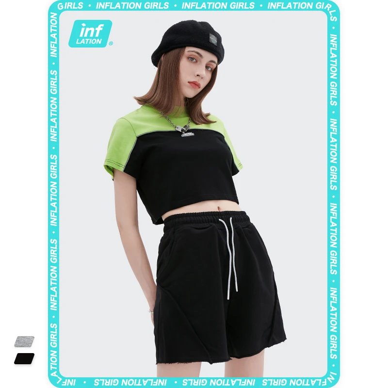 

INFLATION Color Block Retro Tees Women Casual Crop T-shirt With Short Sleeve Summer Harajuku Loose Crop Tops Girls Tees 6042GS21