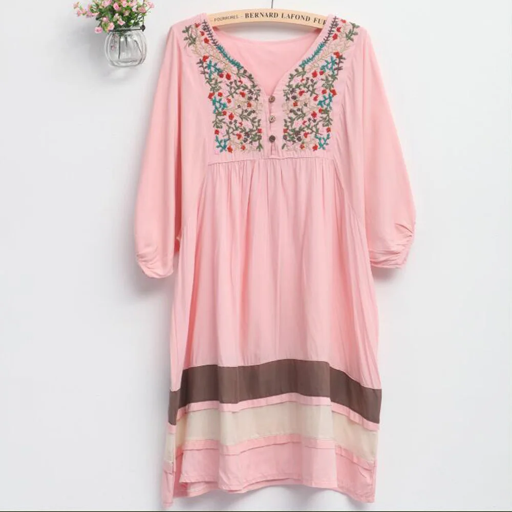 Платье женское пляжное с вышивкой свободный сарафан рукавом до локтя и цветочной