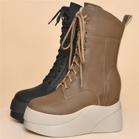 platform pumps shoes women lace up genuine leather high heel ankle boots female high top round toe winter warm fashion sneakers