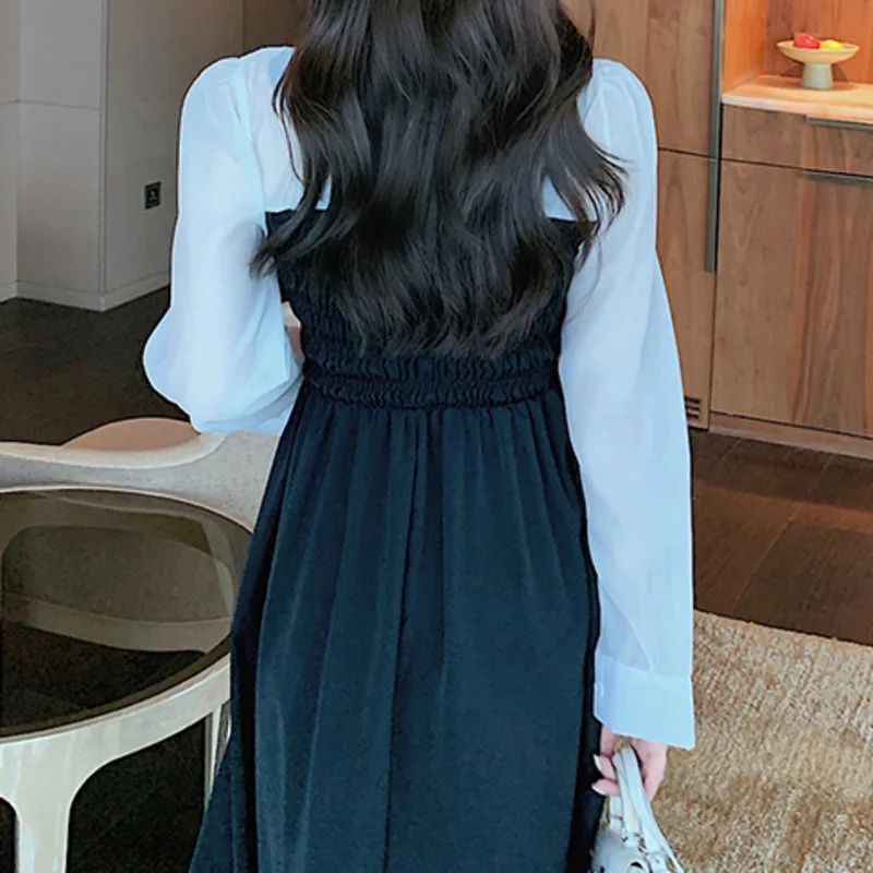 

2021 Spring Autumn Vintage Frencho-neck Mid-length Long Sleeve Dress Women's Loose Waist Thinning Folded Temperament Vestidos