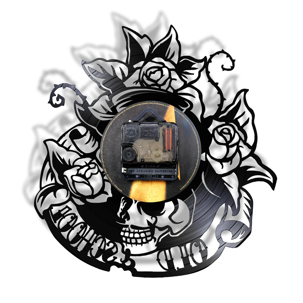 Настенные часы с изображением тату в виде черепа и розы виниловые скелета шипа