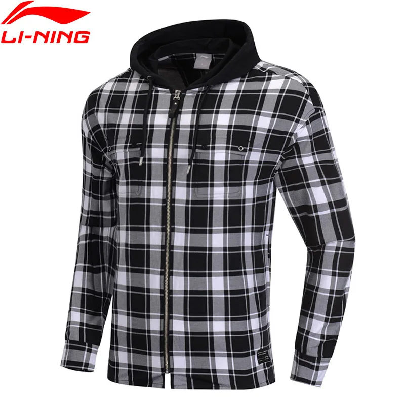 (Break Code) Мужская трендовая рубашка Li Ning с длинным рукавом капюшоном в клетку