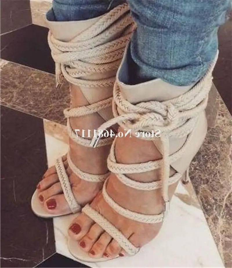 

Weave Cross Strap Romen Sandals Splicing Open Toe Stiletto Heel Short Gladiator Boots Lace Up Ankle Wrap High Heel Sandal Boots
