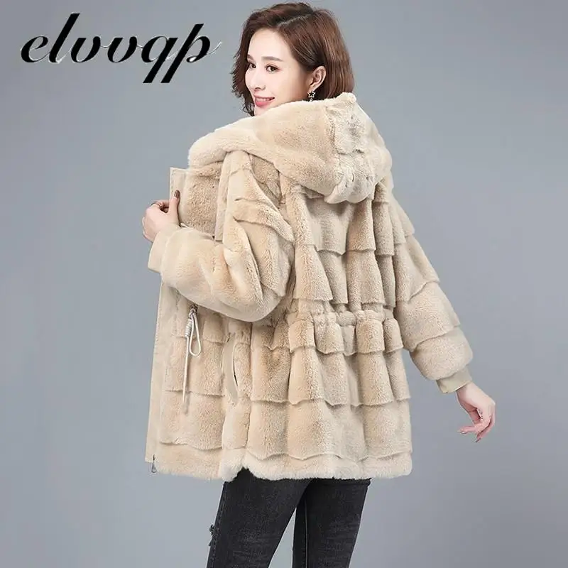 2021 New Autumn Winter Women Mink Fleece Warm Coat Furry Jacket Ladies Fake Fox Fur Collar Hooded Long Outwear Female