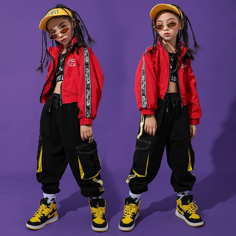 

Jazz Dance Costume Girls Short Red Tops Black Pants Fashion Show Children Stage Clothing Kids Hip Hop Performance Clothes BL3333