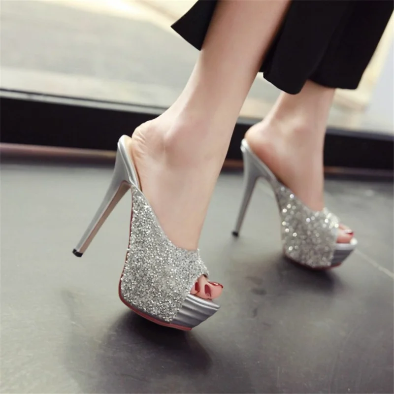 

Women Single Shoes Summer High Heel Open Toe Platform Zapatillas Mujer Wedding Slip-on Thin Heels Crystal Mature Sandalias Mujer