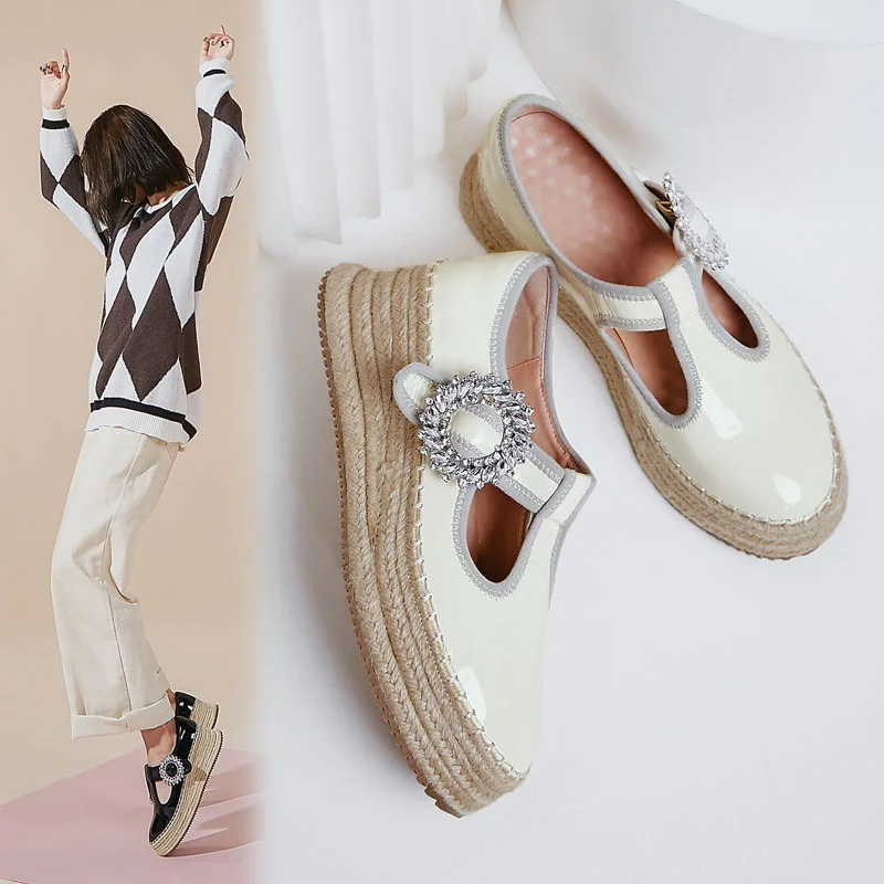 

Autumn Women Thick Soled Hollow Single Shoes Mary Jane Straw Diamond Buckle Flats Platform Shoe Loafers