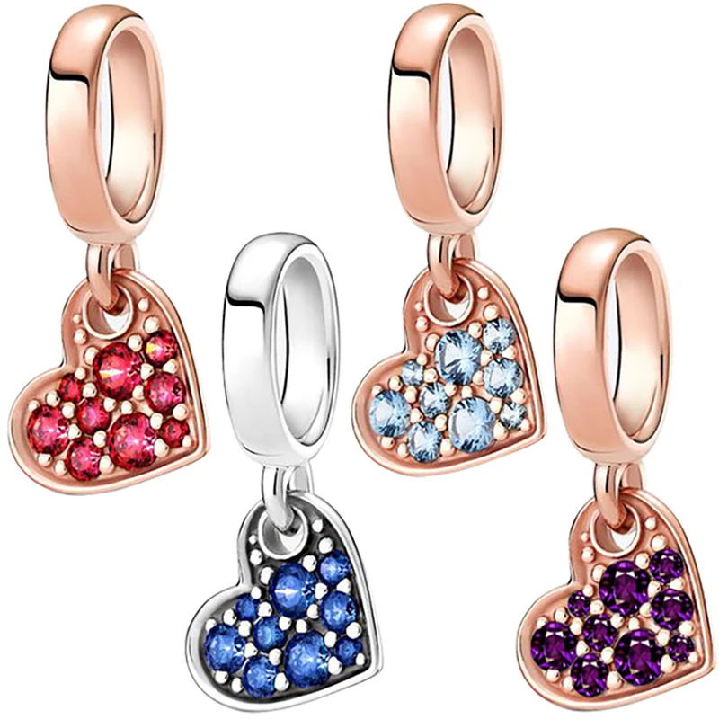 

Fit Original Pan Charms Bracelet Red CZ Blue Zircon Purple Crystal Heart Pendant DIY Jewelry for Women Love Rose Dangle Bead