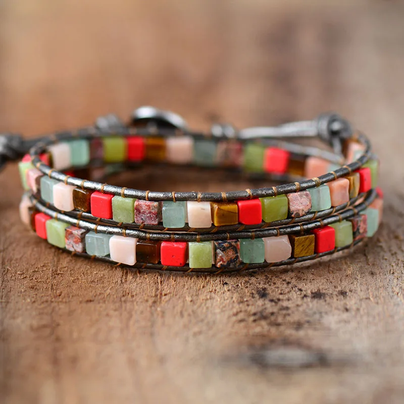Кожаные браслеты смешанные квадратные натуральные камни 2 нити кожаные