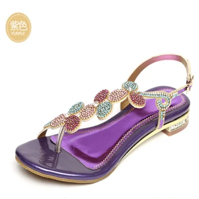 

2021 summer new leather women's sandals Rhinestone low heel sandals clip toe sandals thick heel flower versatile sandals