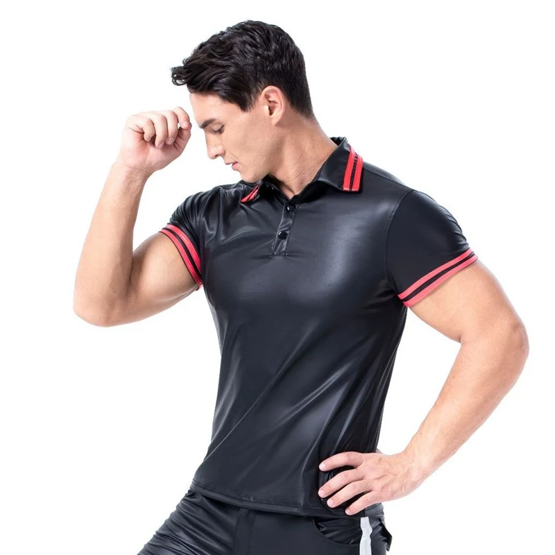 

Fashion Mens PU Leather T Shirts Sexy Fitness Faux Leather Black Undershirts Sexy Gay Wear Hip Hop Men Casual Clothes