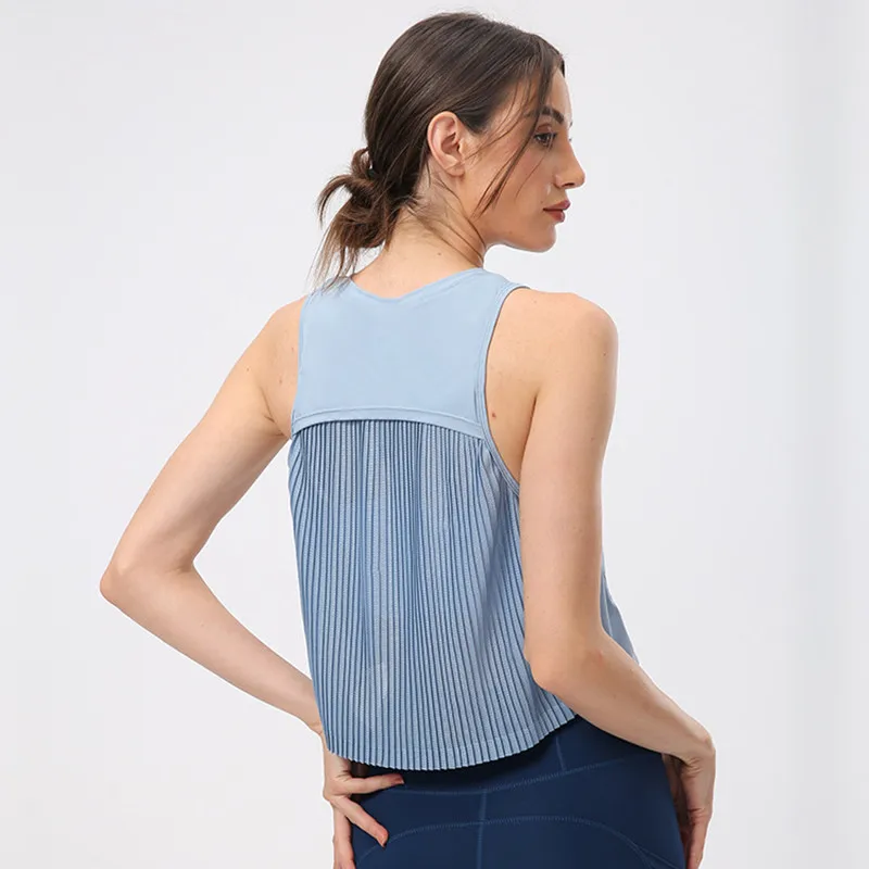 

Sleeveless Pleated Back Sports Vest Female Loose Running Training Tops Gym Quick-drying Fitness T-shirt Sexy Yoga Sports Blouse