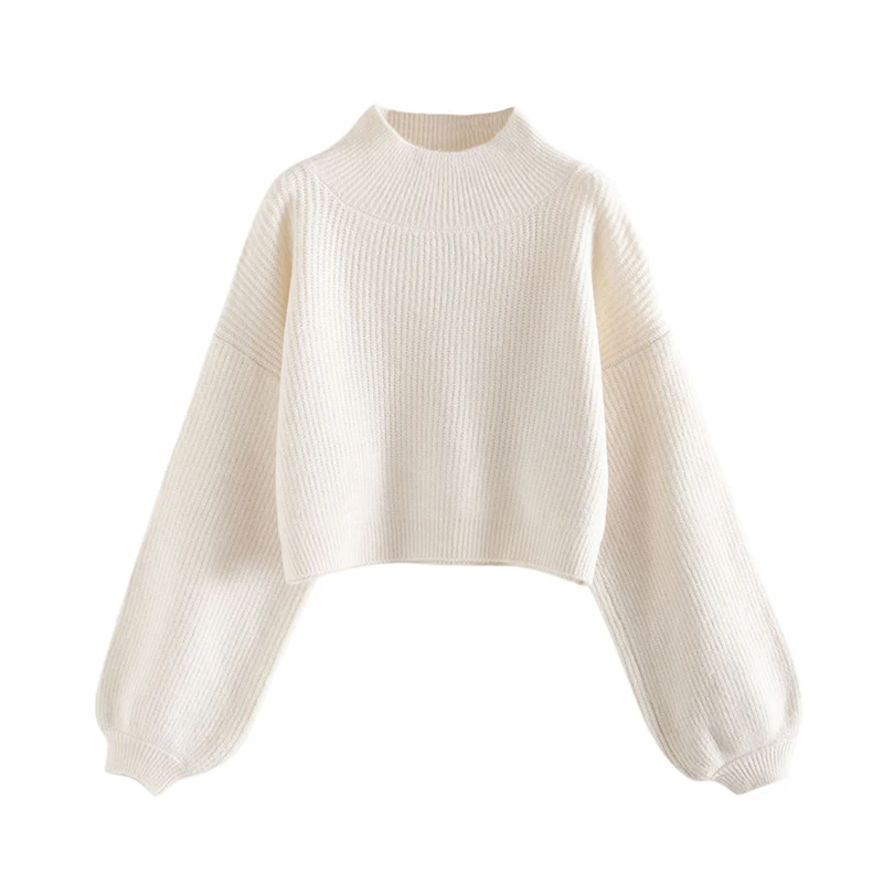 

Lantern Sleeved Knitted Women Sweater And Pullovers Solid Short Empire Loose Casual All Match Female Pulls Outwear Tops