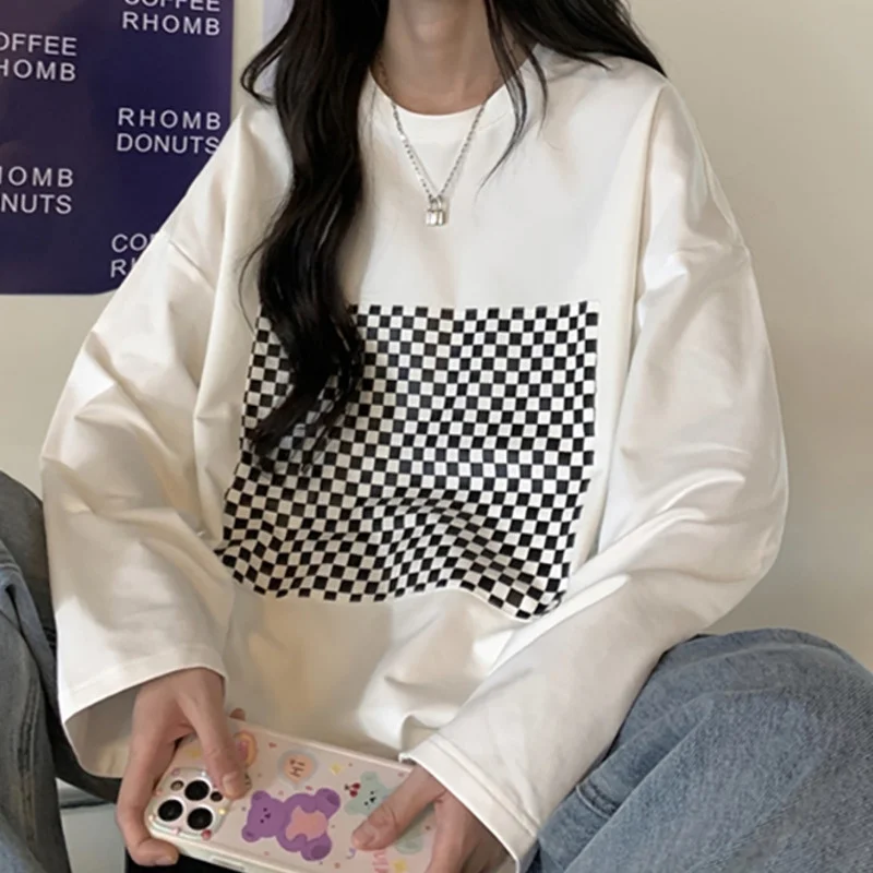 

Autumn Korean 2021 New Fashion Chic French Loose Medium Length Plaid Printing Versatile Long Sleeve T-shirt Women