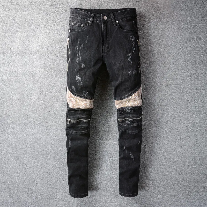 Уличные модные мужские джинсы черного цвета, эластичные облегающие рваные байкерские джинсы, мужские дизайнерские брюки в стиле хип-хоп из ...