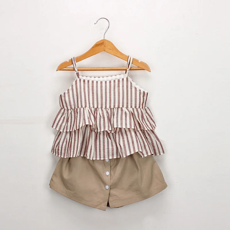 

Children's Suit Hot 2021 Summer New Girls' Striped Suspender Skirt And Trousers Two Piece Set