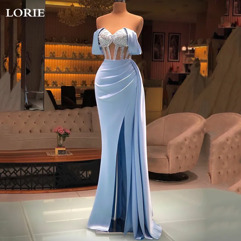 

Smileven Silk Mermaid Evening Dress Party Gowns Robe De Soiree Prom Dresses Pleats Beading Off The Shoulder Split Evening Gowns