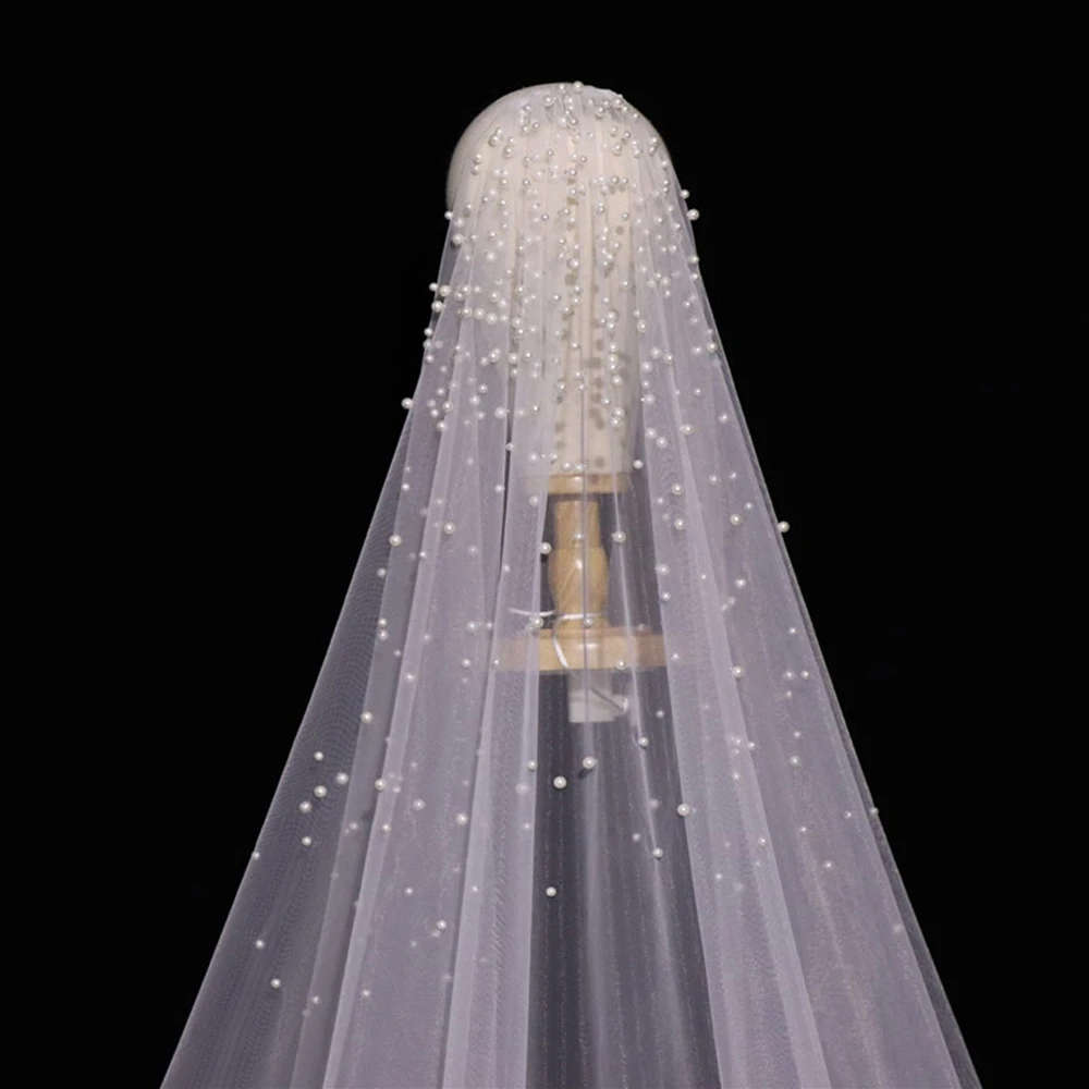 3M Long Pearls Wedding Veil Tulle 1T White Bridal Elegant Luxurious Beaded Bride Ivory Party Veils With Comb | Свадьбы и торжества