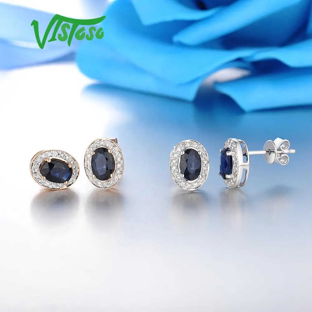 VISTOSO Pure 14K 585 роза/серьги из Белого Золота Шпилька для женщин Элегантный синий сапфир сверкающие бриллианты уникальные модные ювелирные изделия