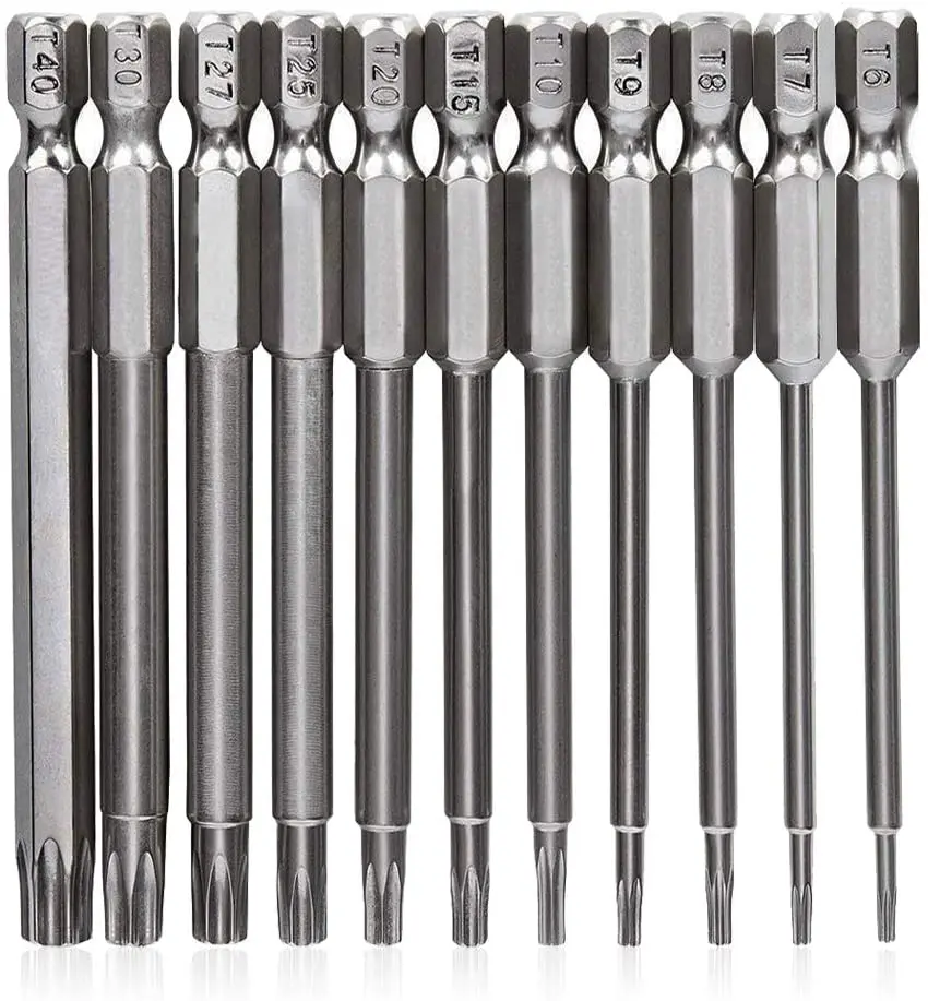 

11 Pieces 1/4 Inch Hex Shank T6-T40 4 Inch Length S2 Steel Torx Security Head Screwdriver Drill Set Bits, 100mm/3.93 Inch Long