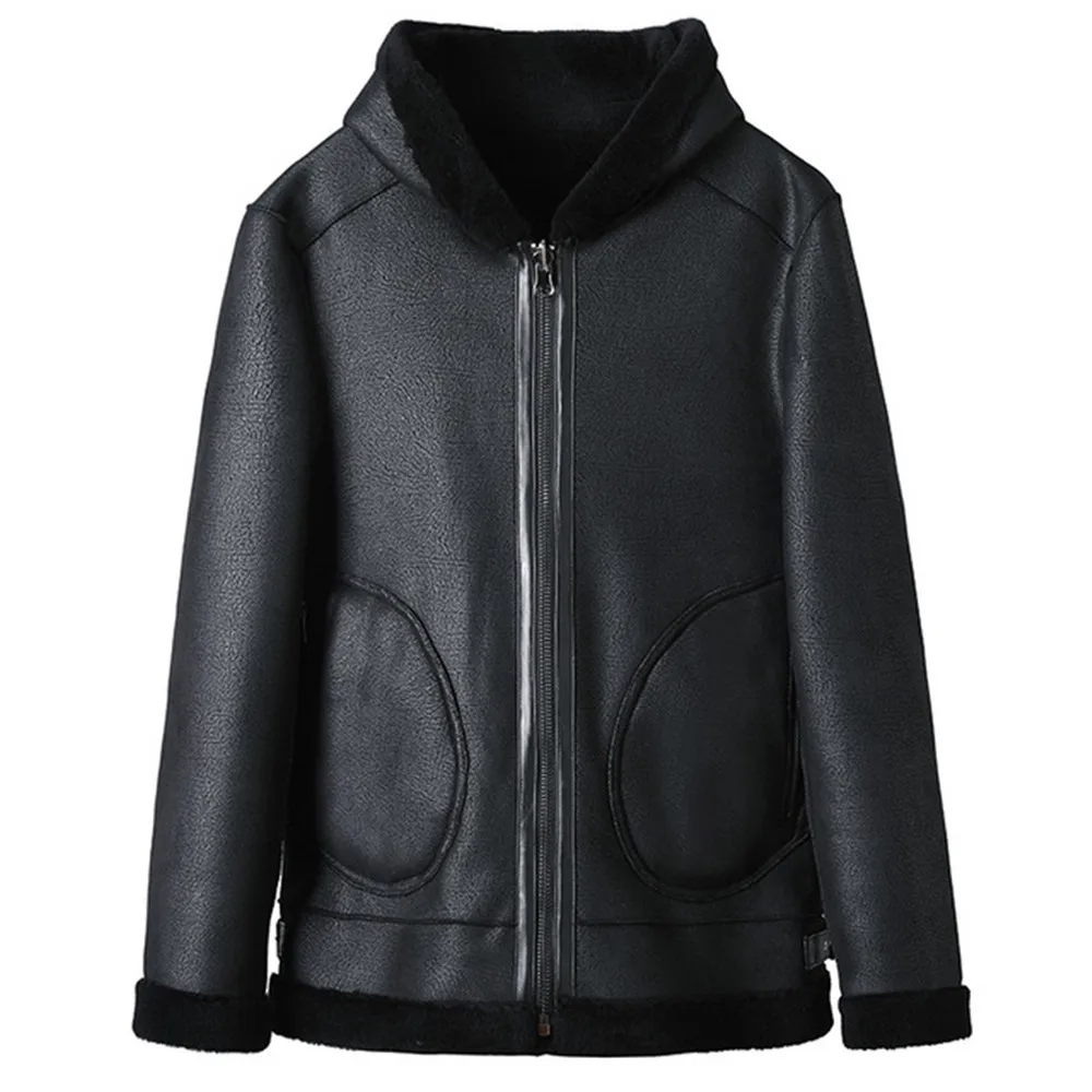Мужская куртка из натуральной кожи черная короткая с капюшоном на шерстяной