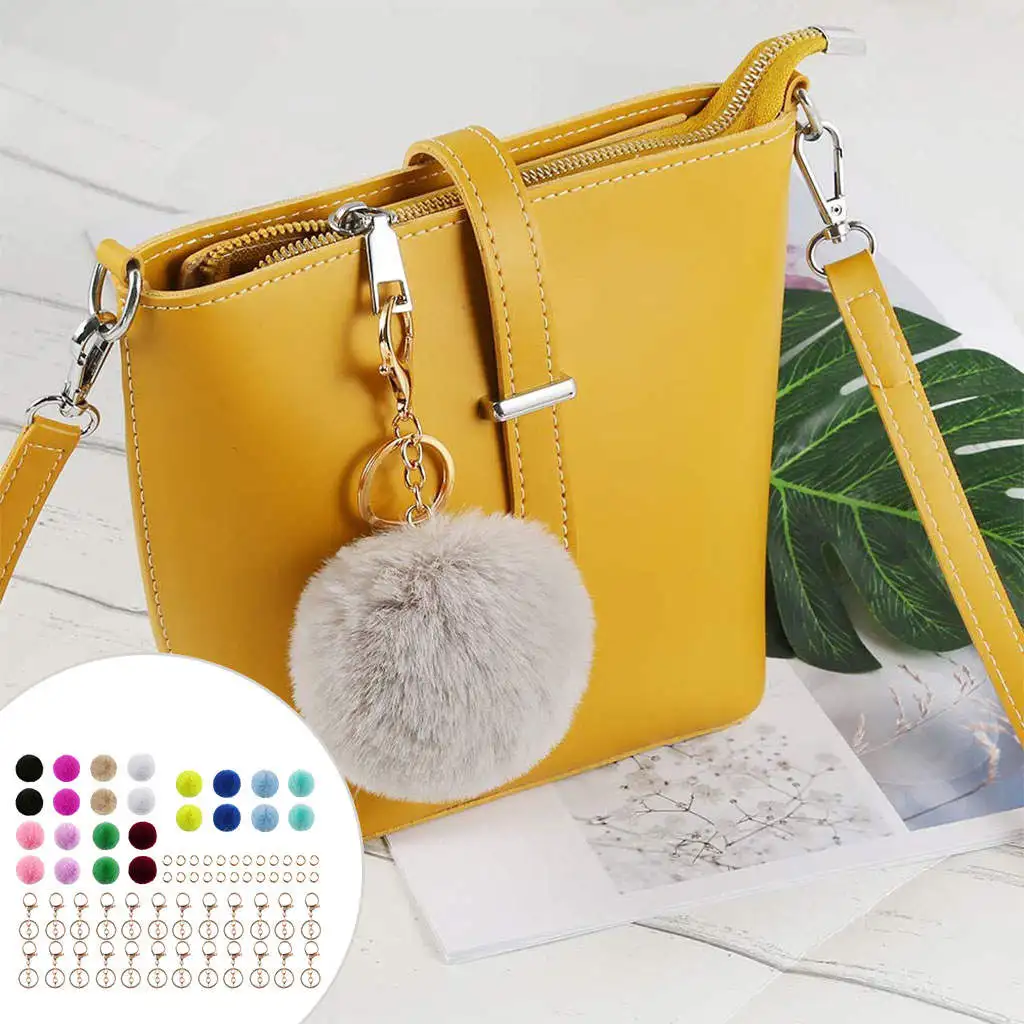 72 Pieces Multicolor Pompom Ball Keychain Kit Pompom Ball Pendant Craft 6cm for Key Chain Decor Car Handbag Cell Phone Ladies