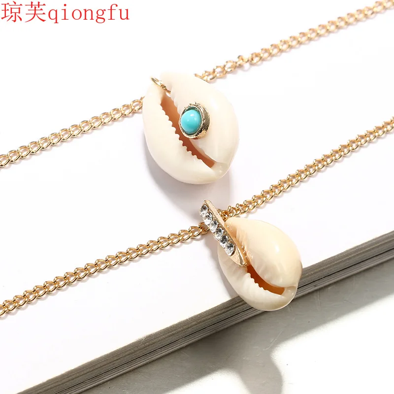 

2021 Fashion Geometric Turquoise Shell Conch Double Necklace Alloy Two Layer Clavicle Chain Stainless Steel Spirit Jewelry