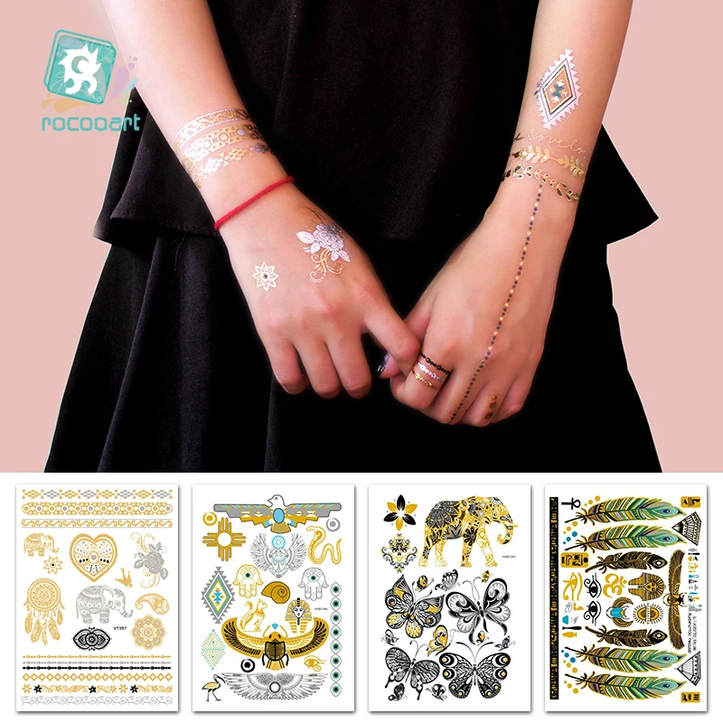ROCOOART Indian Style Metallic Waterproof Temporary Tattoos Gold Silver Bracelet Anklet Women Taty Design Fake Make up Sticker | Красота и