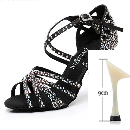 black heel 9cm WUXIJIAO Женская танцевальная обувь для вечеринки Атласная блестящая обувь для латинских танцев с мягкой подошвой и стразами Женская обувь для сальсы heel5CM-10CM - Цвет: black heel 9cm