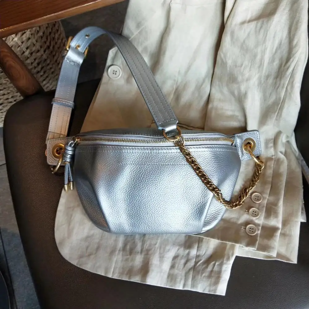 

Genuine Cow Leather fanny pack for women waist bag waterproof belt bag purse fashion money belt ladies shoulder bag chain female