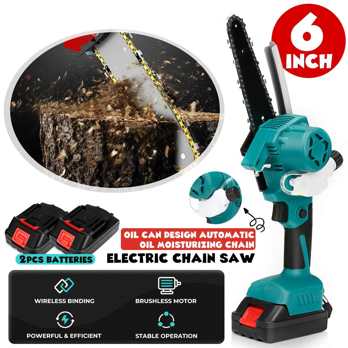 

1500W Electric Saw 6Inch Brushless Chainsaw Powerful Auto Refuel With 2/1PCS Battery Rechargeable Woodworking Cutter Garden Tool