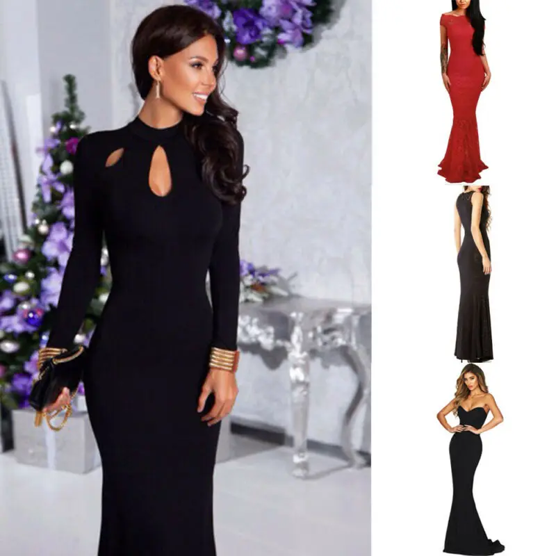 Женское вечернее платье русалка черное элегантное макси с длинным рукавом и