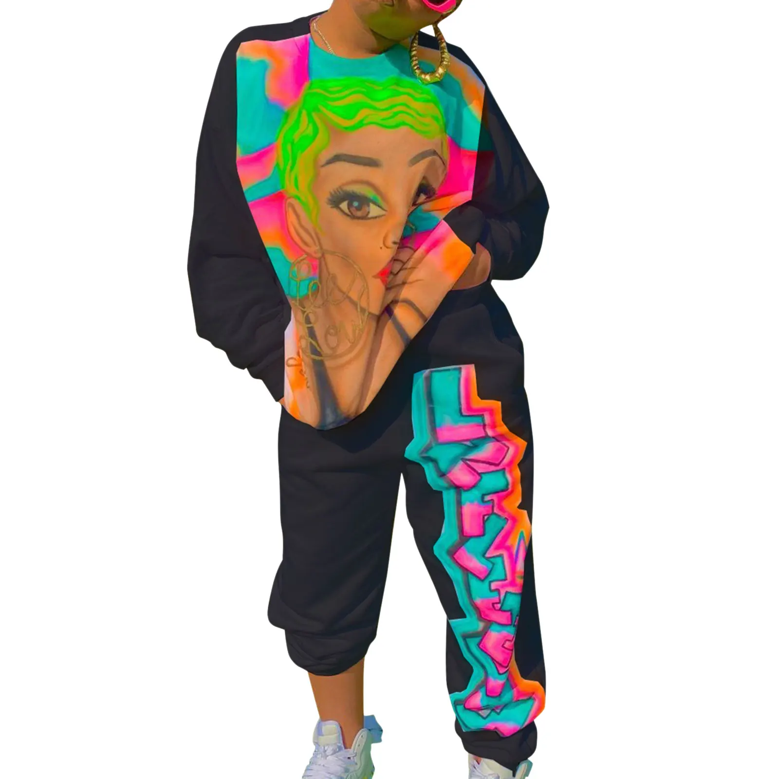 

Women\u2019s Sweatshirt and Trousers Suit Fashion Face Print Long Sleeve Tops and Letter Long Pants