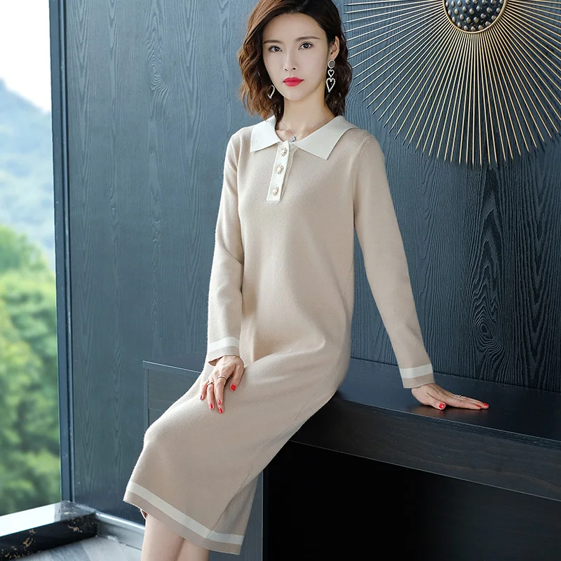 Женское длинное трикотажное платье-свитер с отложным воротником | Женская одежда