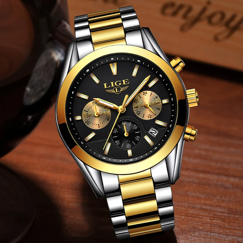 Часы наручные LIGE Мужские кварцевые роскошные Брендовые спортивные