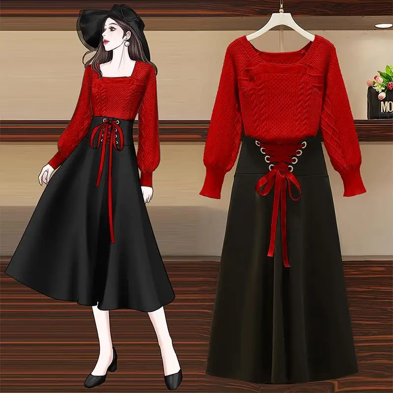 

2022 New Autumn Winter Sweater Skirt Set Full Sleeve Blouse Top +black Skirt Set Women Two Piece Outfits Y342