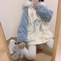 japanese new winter preppy style soft girly coat sweet cartoons embroidery bear cute hooded kawaii keep warm cotton clothes