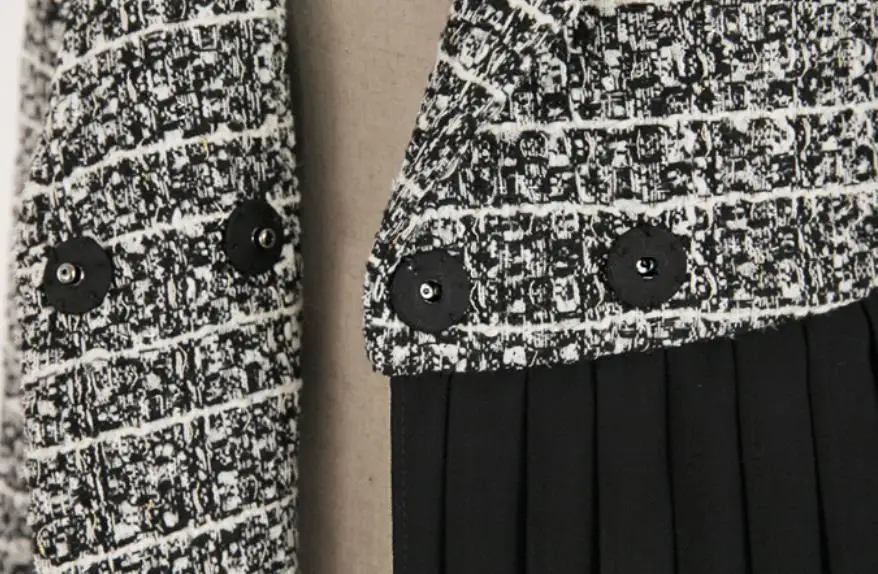 

New vintage plaid stitching woolen blazer women slim pleated officce lady small suit with belt