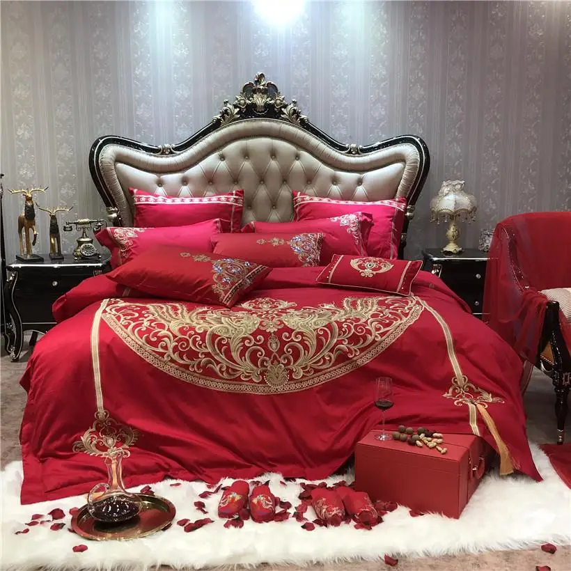 

Egyptian Cotton Luxury Embroidery Red Wedding Chinese Bedding set Duvet cover Bed Sheets,Silky Ultra soft Queen King size 4/6/9-