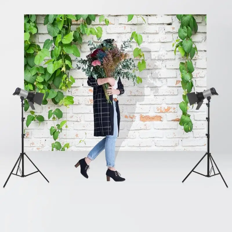 Фон для фотосъемки с зелеными растениями цветами кирпичной текстурой тканевая