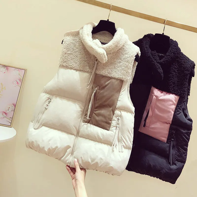 

Women faux Lamb hair stitching cotton vest female 2020 winter new lambskin sheepskin fur vest warm thermal waistcoats