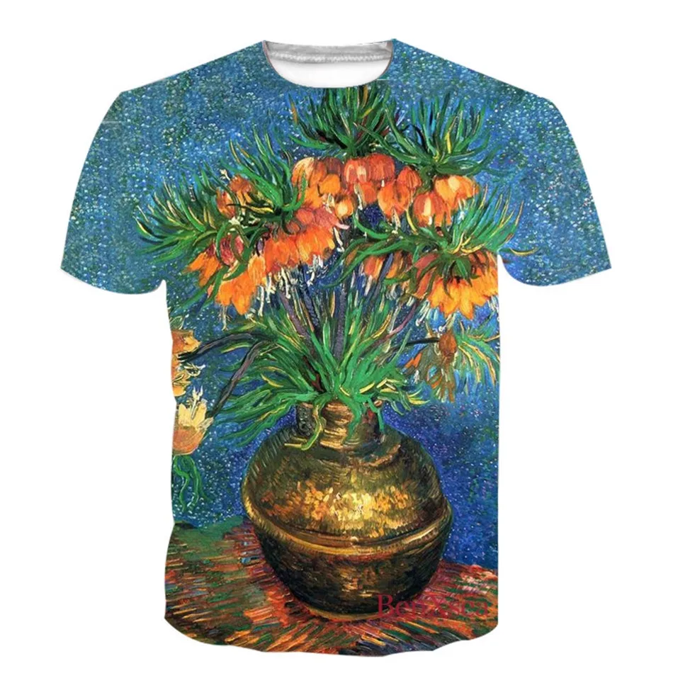

Футболка с 3D-принтом Ван Гога для мужчин и женщин, модная повседневная рубашка для подростков, с подсолнухами, звёздной ночью, крутая летняя ...