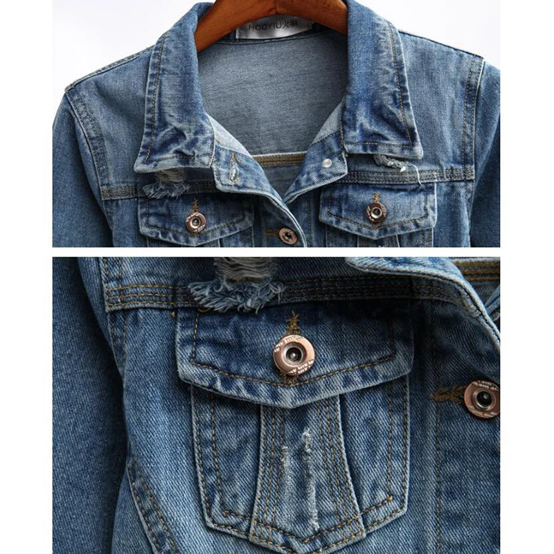 

VISNXGI Outwear Casual Jeans Jacket Women Autumn Blue Short Denim Coat Turn-Down Collar Spring Holes And Buttons Pockets Clothes