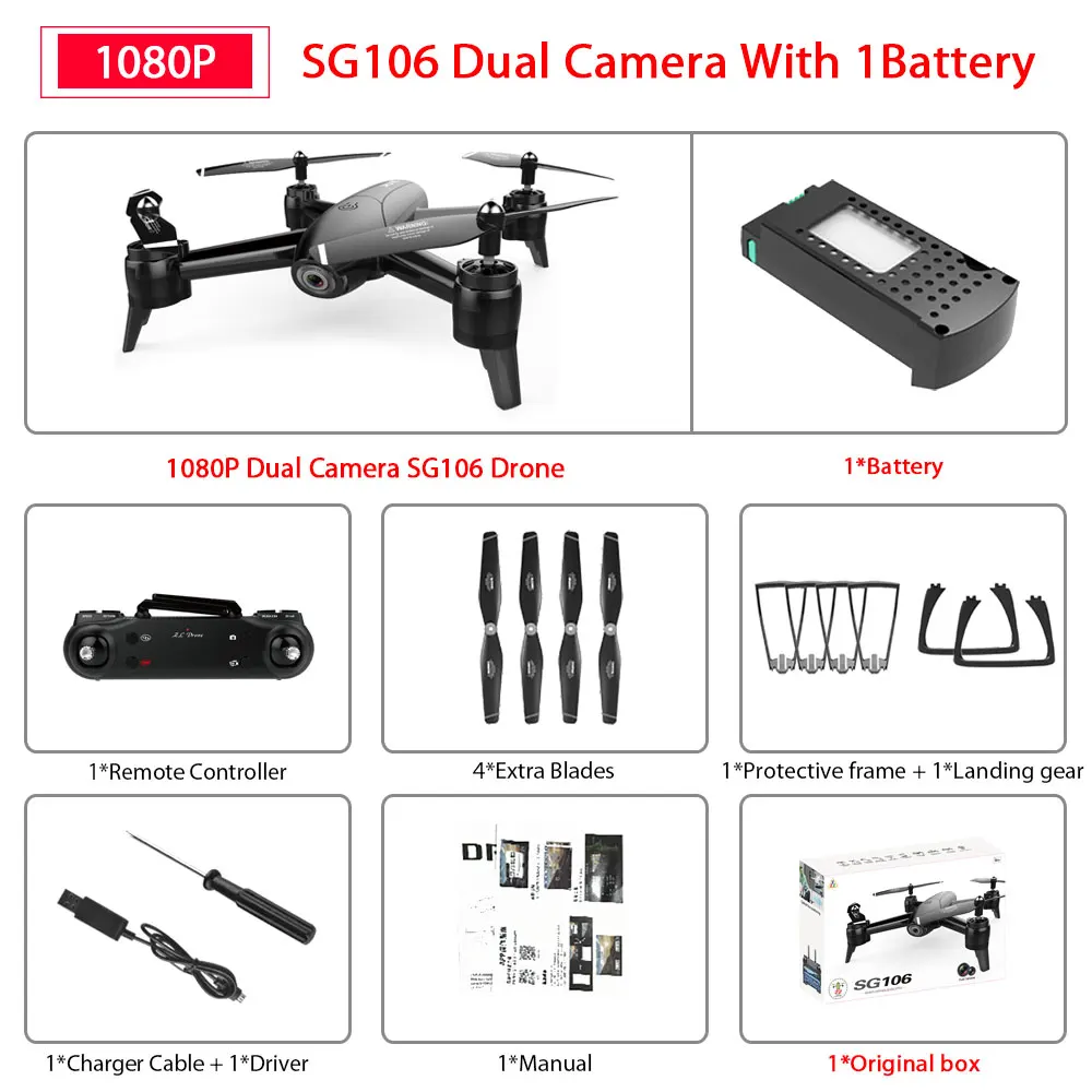 1080P Black SG106 1B SG106 WiFi FPV Радиоуправляемый Дрон с 720P или 1080P или 4K HD двойной камерой оптический поток воздушный видео Радиоуправляемый квадрокоптер для игрушек Детский Радиоуправляемый Дрон - Цвет: 1080P Black SG106 1B